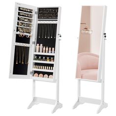 a white mirrored jewelry cabinet next to a pink chair