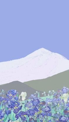 a painting of blue flowers in front of a mountain with snow on the mountainside