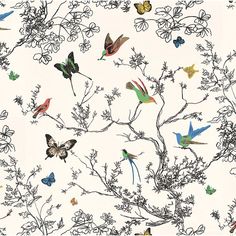 a white background with many different colored birds and butterflies on it, all flying in the same direction