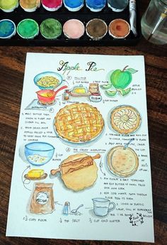 an artist's watercolor and ink drawing of pies, with their ingredients