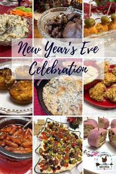 new year's eve celebration collage with pictures of food and desserts on it