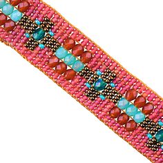 a pink and blue beaded bracelet on a white background