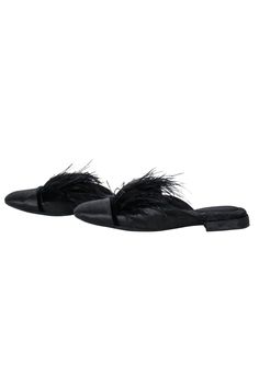 Comfort meets fashion with these trendy Birdie mules! This feather accent flats will have your shoes as the talk of the town. Pair this oh so fly shoes with a tailored pant and blazer for work or jeans and a print top for a chill dinner night out! Size 6 Satin fabric upper Feather trim Satin fabric lining Low heel Slip on mule Toe to heel 9.5" Heel height 0.5" Chic Flat Heel Sandals For Fall, Chic Synthetic Slippers, Chic Fall Slip-on Sandals, Chic Slip-on Flat Slippers, Black Chic Flats For Spring, Chic Black Flats For Spring, Elegant Black Slippers For Spring, Fall Party Slip-on Flats, Chic Slip-on Slippers With Flat Heel