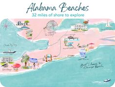 an illustrated map of the beach and hotels in alhama beaches, florida with text that reads 32 miles of shore to explore