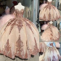 Rose Gold Quince Dress, Sweet 15 Dresses Quinceanera, Quinceanera Ideas Pink, Gold Quince Dress, Gold Quinceanera Dresses, Rose Gold Quinceanera Dresses, Quinceanera Dresses Blush, Gown Sleeves, Rose Gold Quinceanera