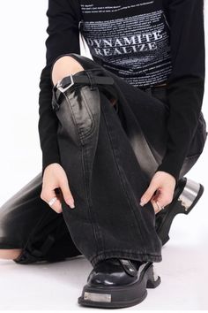 black jeans outfit , grunge outfits inspiration Grunge Outfit Inspiration, E Girl Clothes, Outfit Grunge, Egirl Outfits, Buckle Jeans, Black Jeans Outfit, E Girl, 90s Outfit, Jeans Outfit