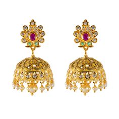 Experience the opulent harmony of traditionalism and beauty with this 22k gold necklace and earring set from Virani Jewelers. Crafted with meticulous detail, this Indian gold jewelry set features a captivating blend of gemstones and pearls The luxurious allure of 22k gold adds a touch of glamour, transforming this 22k gold necklace and Jhumki earring set into a wearable work of art that exudes elegance and timeless beauty. Features • 22k yellow gold • Ruby • Emerald • Cubic zirconia • Pearls Nec 22k Gold Necklace, Jhumki Earrings, Gold Jewelry Sets, Gold Jewelry Indian, Pearl Gemstone, 22k Gold, Timeless Beauty, Necklace Set, Jewelry Set