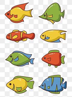 different colored fish on a white background, cartoon, animal, colorful png and psd