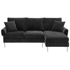 Fit up to four on this sleek sectional sofa, the perfect addition to any den or living room ensemble. Wrapped in Chenille upholstery, this sectional introduces a touch of texture to your interior design, while chromed metal legs round out this piece with a nod to contemporary style. High-density foam cushions give this sectional its medium firmness. Black Sectional, Couch With Chaise, Apartment Studio, Studio Office, L Shaped Couch, Modern Sofa Sectional, Couch Set, Sectional Sofa Couch, Stylish Sofa