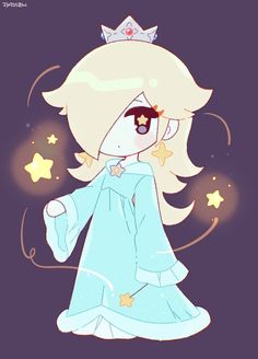 a drawing of a blonde haired girl in a blue dress with stars on her head