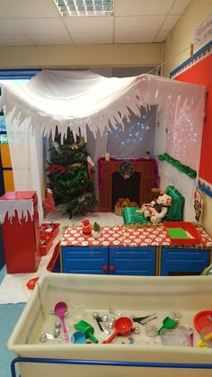 a room filled with lots of toys and christmas decorations on top of it's walls