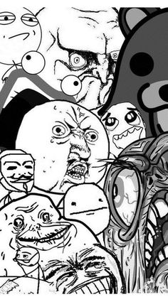 black and white drawing of cartoon faces with an angry bear in the center surrounded by other characters