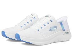 SKECHERS Arch Fit 2.0 Easy Chic Hands Free Slip-Ins - Women's Shoes : White Blue : Give your sporty style a chic update with the ultra-modern SKECHERS Arch Fit 2.0 Easy Chic Hands Free Slip-Ins that come with a mesh upper for breathability and a rubber insole with cushioned Skechers air-cooled memory foam comfort. The low-top sneakers feature a raised plain toe shape and an adjustable lace system for easy adjustability. Slip-on style. Brand logo details on the side panel, tongue, and insole. Rubber outsole. Imported. Measurements: Heel Height: 1 1 4 in Weight: 1 lb 8 oz Product measurements were taken using size 5, width B - Medium. Please note that measurements may vary by size. Black Work Shoes, Tennis Shoes Outfit, Christian Bracelets, Skechers Shoes, White Heels, Skechers Women, Girly Shoes, White Shoes, Sporty Style