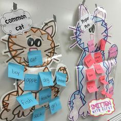 two bulletin boards with cats on them and sticky notes attached to the back of each board