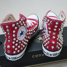 Genuine CONVERSE Red with studs All-star Chuck Taylor Sneakers Sheos Studded Converse, Studded Sneakers, Converse Red, Bling Shoes, Converse Sneakers, Painted Shoes, Diy Shoes, Pullover Shirt, High Top Shoes