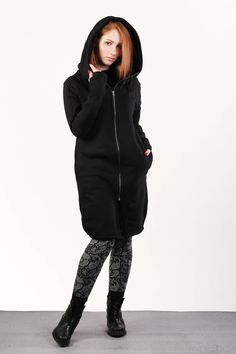 "Black Hoodie, Plus Size Clothing for Women, Black Gothic Jacket Express Shipping to the USA, UPS Courier for free Delivery 3-5 Business Days Thanks for your love for the Hoodie/Coat ♥ Let me tell You about this product... Long, zip up knit sweatshirts. Sophisticated sleeves with thumb holes which make it warm and comfortable. Sweatshirt made of: 90% cotton 10% polyester Good quality, soft fabric which stretches slightly to fit your body and is therefore very comfortable to wear. Sweatshirt sewn Hoodie Coat Woman, Zipper Hoodie Women, Pull Orange, Steampunk Jacket, Hoodie Jacket Women, Gothic Jackets, Dark Academia Clothing, Black Hoodie Women, Coat Plus Size