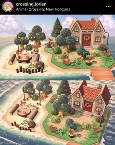 two pictures of an island with houses and trees