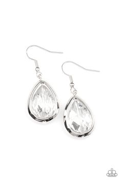 Featuring a reflective metallic back, a glittery rhinestone gem is threaded along a rod inside a silver teardrop casing, creating a glamorous lure. Earring attaches to a standard fishhook fitting. Silhouette Earring, Dainty Band, Mobile Boutique, Coil Bracelet, Holiday Sparkle, Paparazzi Accessories, Paparazzi Jewelry, White Earrings, Pink Stone