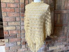 Vintage Open Knit Light Yellow/Beige Crochet Fringe Poncho Hippie Bohemian - Shawl - Cape - One Size Beige Crochet Poncho For Fall, Fall Crochet Beige Poncho, Bohemian Shawl, Fringe Poncho, Beige Crochet, Crochet Fringe, Yellow Beige, Fringed Poncho, Classic Frame