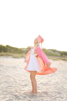 Pink Cap and Gown | Female Beach Poses | Beach Senior Session | Beach Photography Hot Pink Cap And Gown, Pink Cap And Gown Pictures, Senior Picture Ideas Pink Cap And Gown, Cap And Gown Beach Pictures, Preppy Senior Pictures Outfits, Pink Cap And Gown Senior Pictures, Beach Cap And Gown Pictures, Senior Pictures Outfits Pink, Beach Graduation Pictures Senior Pics