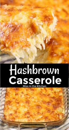 hashbrown casserole in a glass dish with text overlay that reads hashbrown casserole