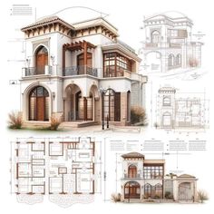 architectural drawings and plans for a house in the middle of an open air area with multiple balconies