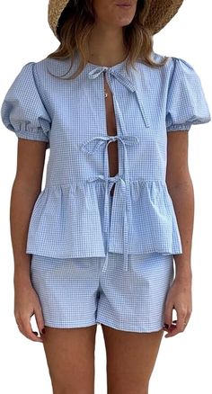 Yuemengxuan Women Y2k Two Piece Plaid Lounge Sets Puff Sleeve Tie front Blouse Top High Waist Shorts Casual Pajamas Sets Striped Shorts Outfit, Low Waist Shorts, Knot Front Top, Summer Shorts Outfits, Lounge Outfit, Gingham Shorts, Peplum Shirts, Outfits Streetwear, Plaid Outfits