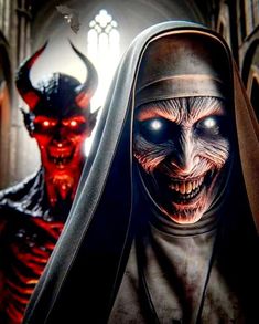 an evil nun is standing next to a demonic demon