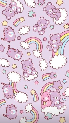 a pink wallpaper with teddy bears and rainbows in the sky, stars and clouds