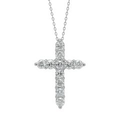 Let your spirituality sparkle with this beautiful diamond cross pendant necklace. Diamonds, prong set in a classic cross pattern, dazzle with their ethereal brilliance for a meaningful display of your faith. - Eleven diamonds are finely cut for brilliance, near colorless, prong set and weigh 2ct tw - Diamonds are certified to be ethically and responsibly sourced - Cross necklace is crafted of fine quality 14 karat white gold for a lifetime of wear - Cross measures 1" long x .80" wide - Chain adj Diamond Cross Necklace, Diamond Cross Pendants, Cross Patterns, Diamond Cross, Cross Pendant Necklace, Cross Pendant, Prong Setting, Diamond Jewelry, Cross Necklace