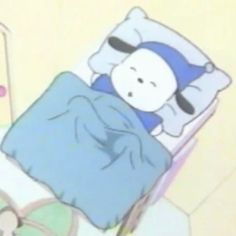 a cartoon character laying in bed with his head on the pillow