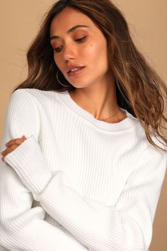 White Knit Sweater - Thumb Hole Sweater - Ribbed Knit Sweater - Lulus Autumnal Activities, Olivia Concert, White Ribbed Sweater, Hole Sweater, Cute Sweaters For Fall, Apple Orchards, Concert Dresses, Neutral Sweaters, Sweater Outfits Fall