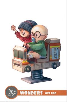 an old man riding on the back of a toy car with a young boy in it