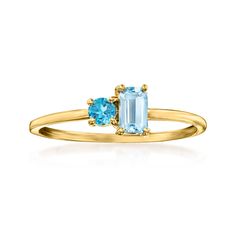 Ross-Simons - .40ct t. w. London, Sky Blue Topaz Toi et Moi Ring in 14kt Yellow Gold. Size 6. RS Pure. Modern designs that complete your outfit and complement your personality. French for "you and me," Toi et Moi rings are a unique way to celebrate a special relationship in your life. Wear our on-trend, two-stone designs as a sentimental symbol of romance, friendship, family - or simply treat yourself to double the sparkle! On a simple band, a .30 carat emerald-cut sky blue topaz and .10 carat r Senior Rings, London Topaz Ring, Sky Blue Topaz Ring, Topaz Birthstone, Buy List, Simple Band, Topaz Color, Natural Gold, Sky Blue Topaz