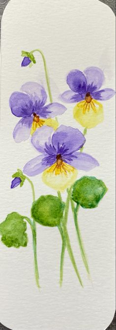 watercolor painting of purple and yellow flowers on white paper with green leaves in the foreground