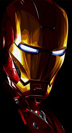 the iron man artwork is shown in red and yellow colors, with blue light coming from his eyes