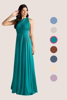 a woman in a long green dress standing next to an assortment of color swatches