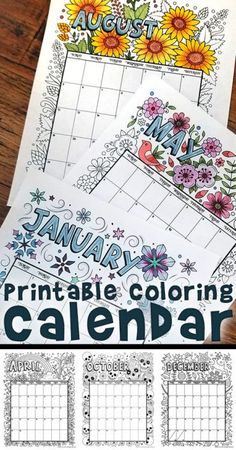 the printable coloring calendar is on top of a wooden table with sunflowers