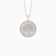 Promised Land Tree of Life Amulet Coin Medallion Necklace - vanimy Nature-inspired Engraved Round Pendant Necklace, Blessing Medallion Locket Necklace, Spiritual Coin Necklace With Locket, Spiritual Medallion Necklace In Sterling Silver, Medallion Locket Necklace For Blessing, Symbolic Silver Necklace With Tree Of Life, Spiritual Coin Pendant Necklace For Blessing, Spiritual Tree Of Life Necklace For Meditation, Spiritual Sterling Silver Medallion Locket Necklace