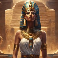 an egyptian woman with gold jewelry and headdress standing in front of a pyramid