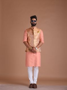 Important Instrucitons : We request you to kindly calculate the processing time of your order after the mutual confirmation on Bespoke measurements between us has taken place (either via message , e mail or form) Men can wear Half-Jackets and style them in many different ways. Want to look traditional? Great! Wear a Half Jodhpuri Jacket with your Mens Kurta and Pajama. Want to wear it to a party? Try Half Jodhpuri Jacket with Trousers. If you are all about comfort this summer, then these Half Ja Festive Pink Chanderi Nehru Jacket, Semi-stitched Chanderi Nehru Jacket In Straight Kurta Style, Pink Nehru Jacket Straight Kurta For Diwali, Pink Nehru Jacket For Diwali, Semi-stitched Chanderi Nehru Jacket For Wedding, Semi-stitched Chanderi Nehru Jacket For Eid, Nehru Jacket With Zari Work For Diwali, Chanderi Nehru Jacket For Puja And Navratri, Chanderi Semi-stitched Nehru Jacket For Navratri