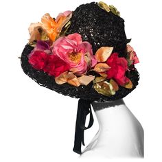 This superb couture 1950s Irina Roublon multi-color, silk floral trimmed hat is a hand-made beauty. Multiple layers of lacquered black veiling make up the body with a soft-peaked crown. So chic! Hat is secured by ribbon tie behind ears. Vintage Hat Boxes, Black Straw Hat, Rainbow Braids, Christmas Tea Party, Purple Tulle, Vintage Style Hat, Kinds Of Hats, Victorian Hats, Velvet Pink