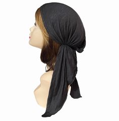 Very Soft, comfortable stretchy pre tied bandana / head scarf / Tichel Elastic back for easy-on, easy-off style.  One size fits most.  Machine Wash Cold. Made in the USA. 95% Rayon 5% Spandex Casual Adjustable Solid Color Bandana, Adjustable Solid Casual Bandana, Casual Adjustable Solid Bandana, Casual Headwrap One Size Fits Most, Casual Adjustable Black Headscarf, Adjustable Black Casual Headscarf, Casual Fitted Solid Color Headscarf, Casual Headwrap For Summer, Casual Solid Color One-size Headscarf