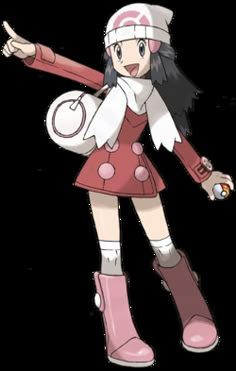 an anime character with long black hair and pink boots, holding a large object in her hand