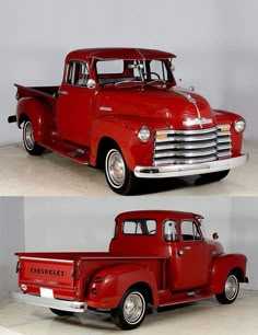 two pictures of an old red pick up truck