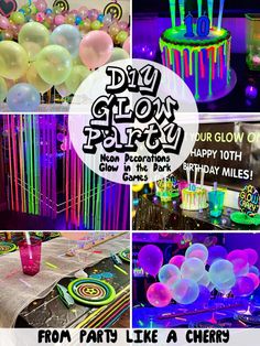 a collage of photos with balloons, cake and other items for a glow party