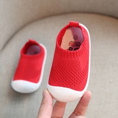 White rubber bottom kids shoes with bright red uppers that are like ankle socks. Babies Room, Baby Swing, Toddler Girl Shoes, Shoes Cute, Walker Shoes, Soft Shoes, Baby Protection, Shoes Soft, Baby Sneakers