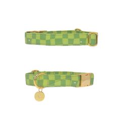 two green and yellow collars with gold hardware