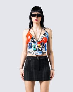 Gretchen Collage Print Cowl Top – FINESSE Cowl Neck Outfit, Jennifer Black, Fuzzy Skirt, White Corset Dress, Denim Pleated Skirt, Cowl Top, Belted Mini Skirt, Red Mini Skirt, Chain Dress