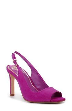 A square toe and tapered heel balance a polished sandal fashioned with an adjustable slingback strap for a secure fit. 4" heel (size 8.5) Adjustable slingback strap with buckle closure Leather upper/synthetic lining and sole Made in Brazil Spring Purple Slingback Pumps With Heel Strap, Purple Slingback Pumps For Spring, Purple High Heel Slingback Pumps For Spring, Purple Slingback Pumps With Ankle Strap, Pink Slingback Pumps With Wrapped Heel, Summer Purple Slingback Heels, Purple Slingback Heels For Summer, Purple Ankle Strap Slingback Pumps With Heel Strap, Purple High Heel Slingback Pumps For Summer